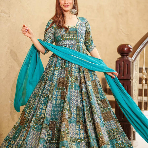 Sonakshi Women's Sky Blue Rayon Digital Print Full Round Flair Anarkali Gown Set With Dupatta - Distacart