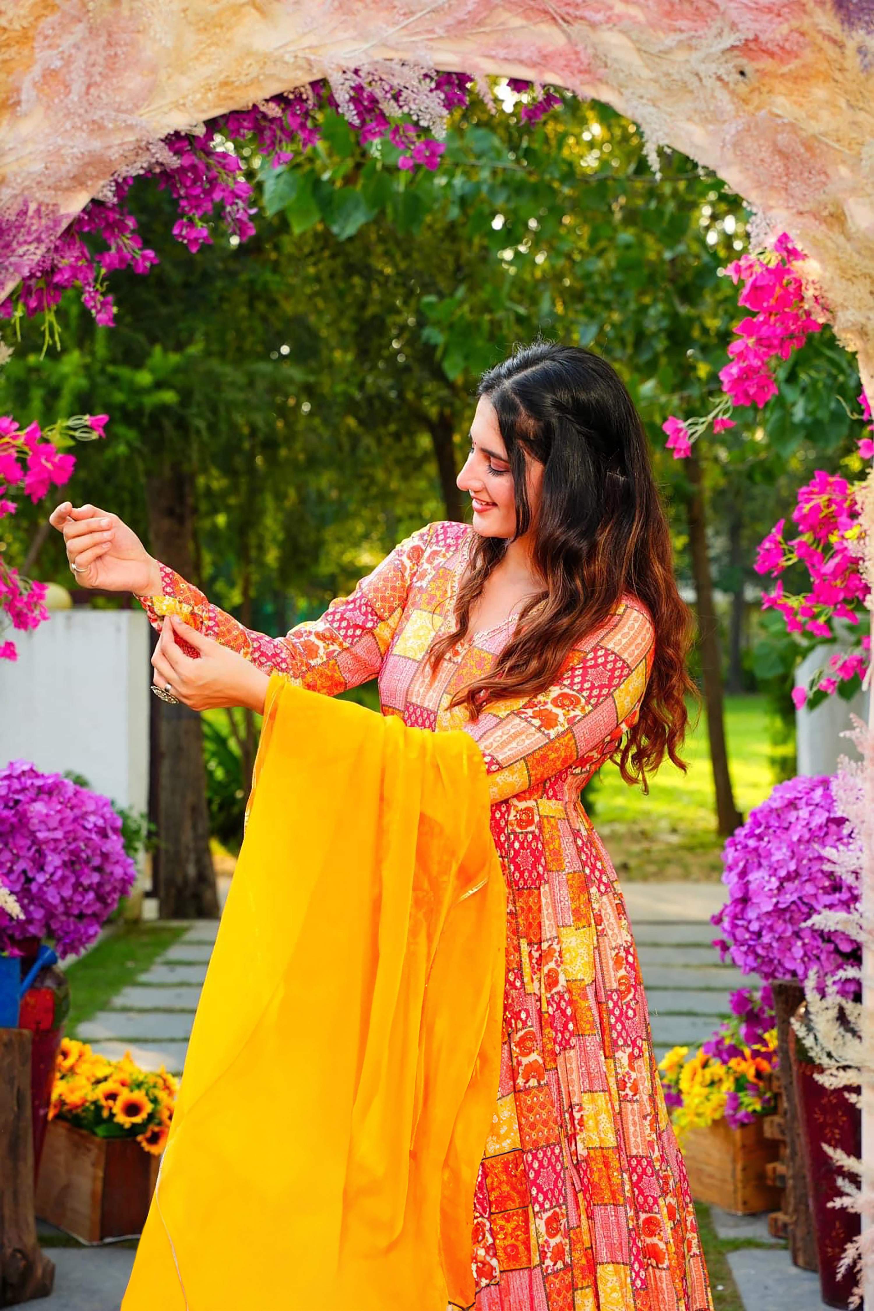 Sonakshi Women's Yellow Rayon Digital Print Full Round Flair Anarkali Gown Set With Dupatta