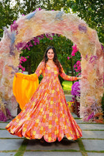 Thumbnail for Sonakshi Women's Yellow Rayon Digital Print Full Round Flair Anarkali Gown Set With Dupatta