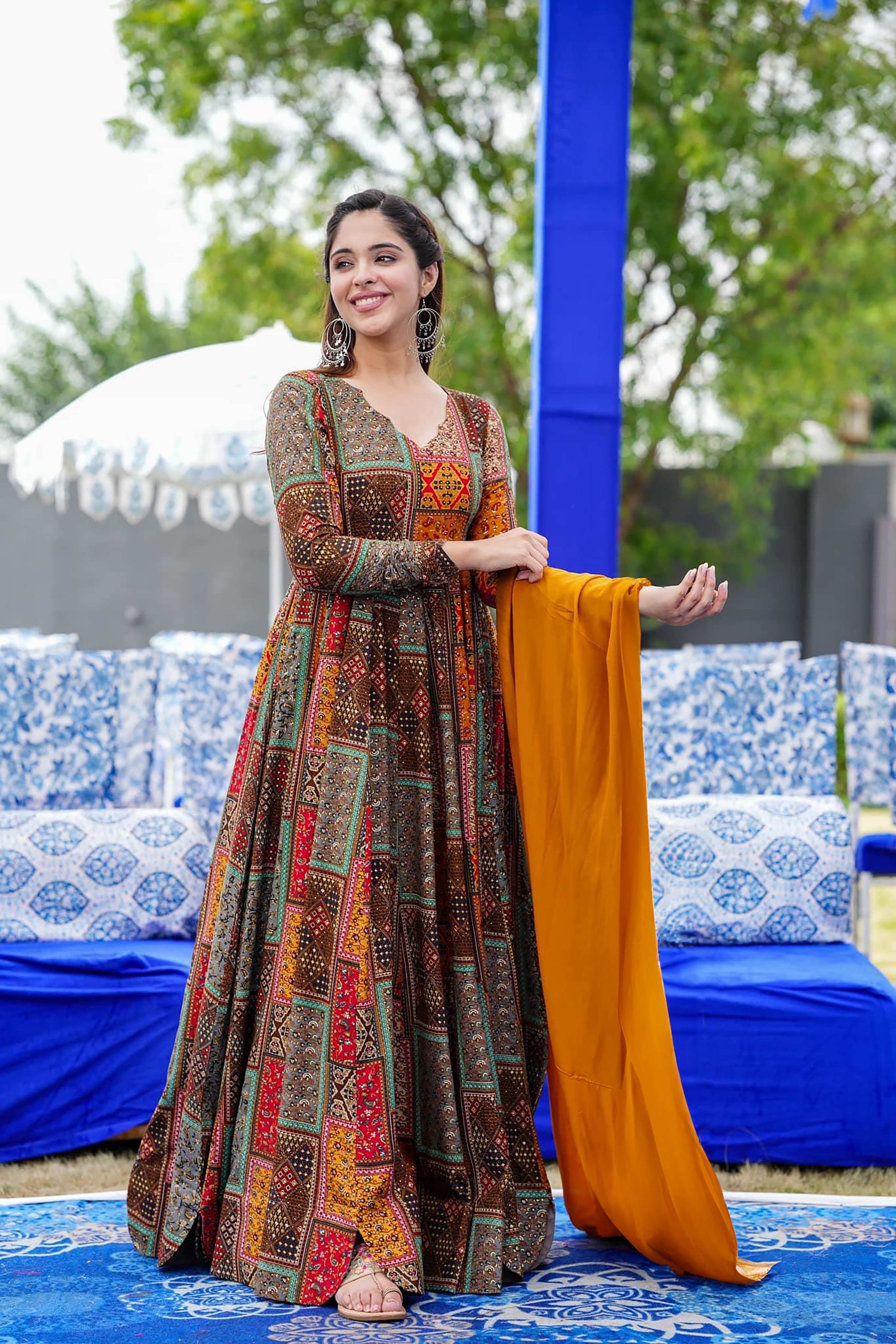 Sonakshi Women's Multicolor Rayon Digital Print Full Round Flair Anarkali Gown Set With Dupatta