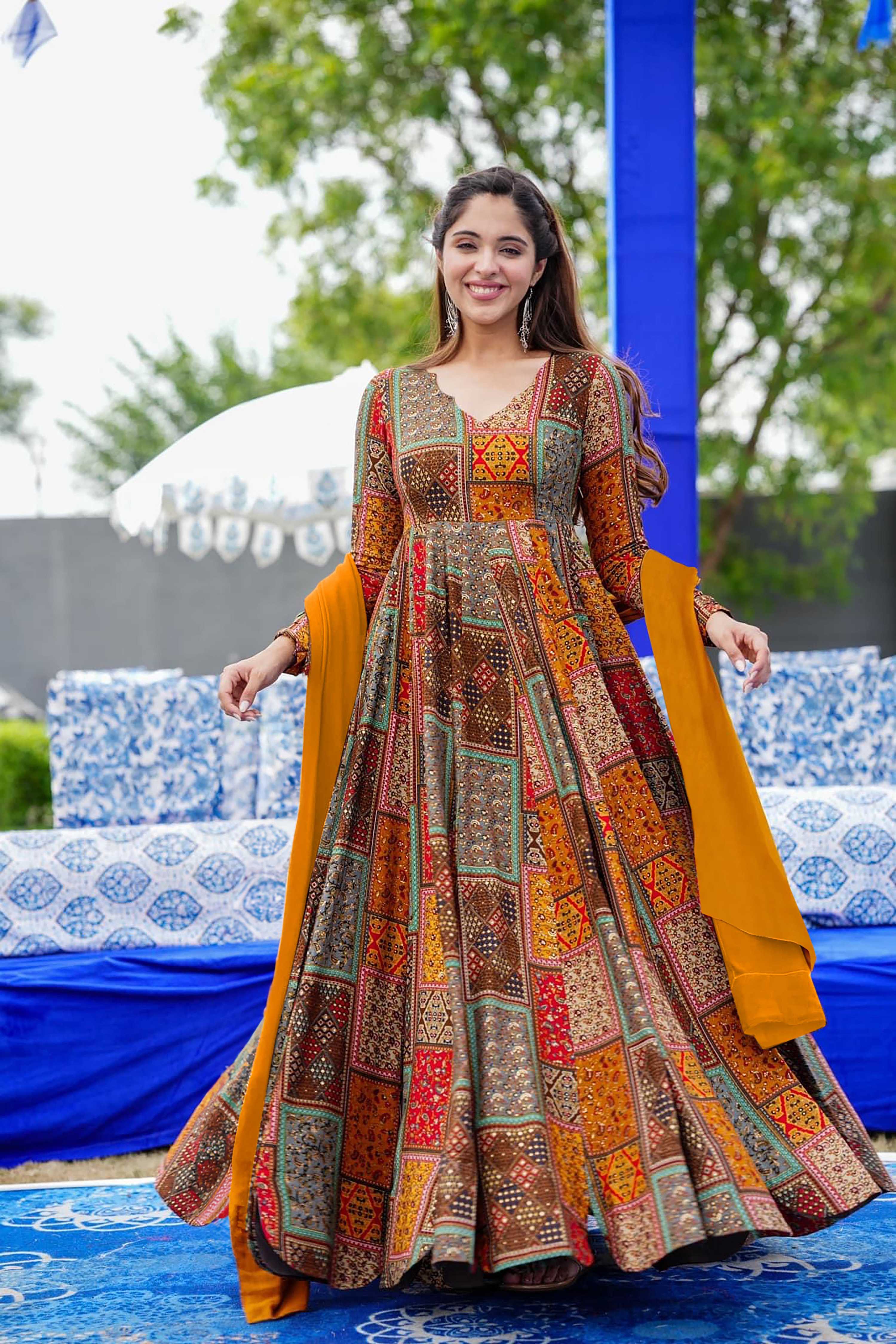 Sonakshi Women's Multicolor Rayon Digital Print Full Round Flair Anarkali Gown Set With Dupatta - Distacart