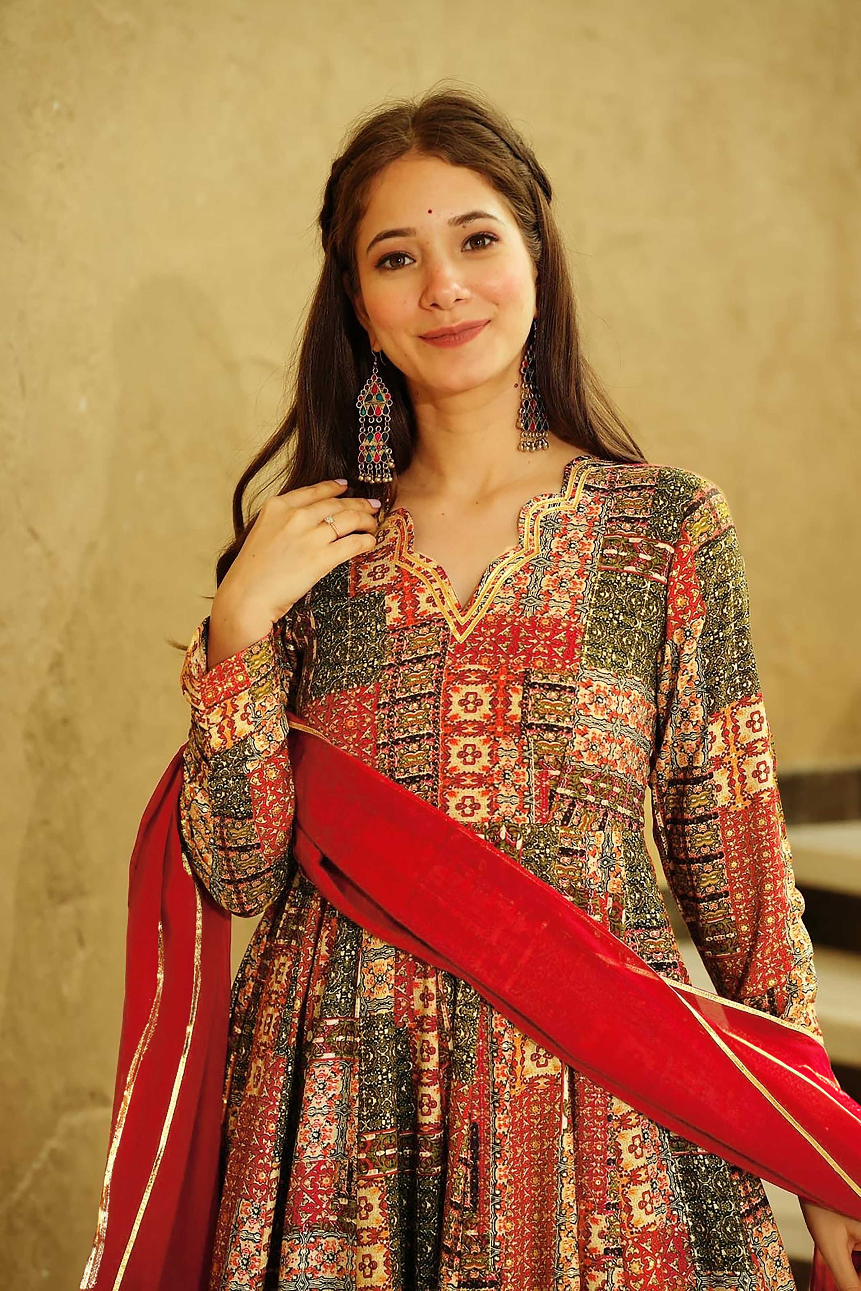 Sonakshi Women's Multicolor Rayon Digital Print Full Round Flair Anarkali Gown Set With Dupatta