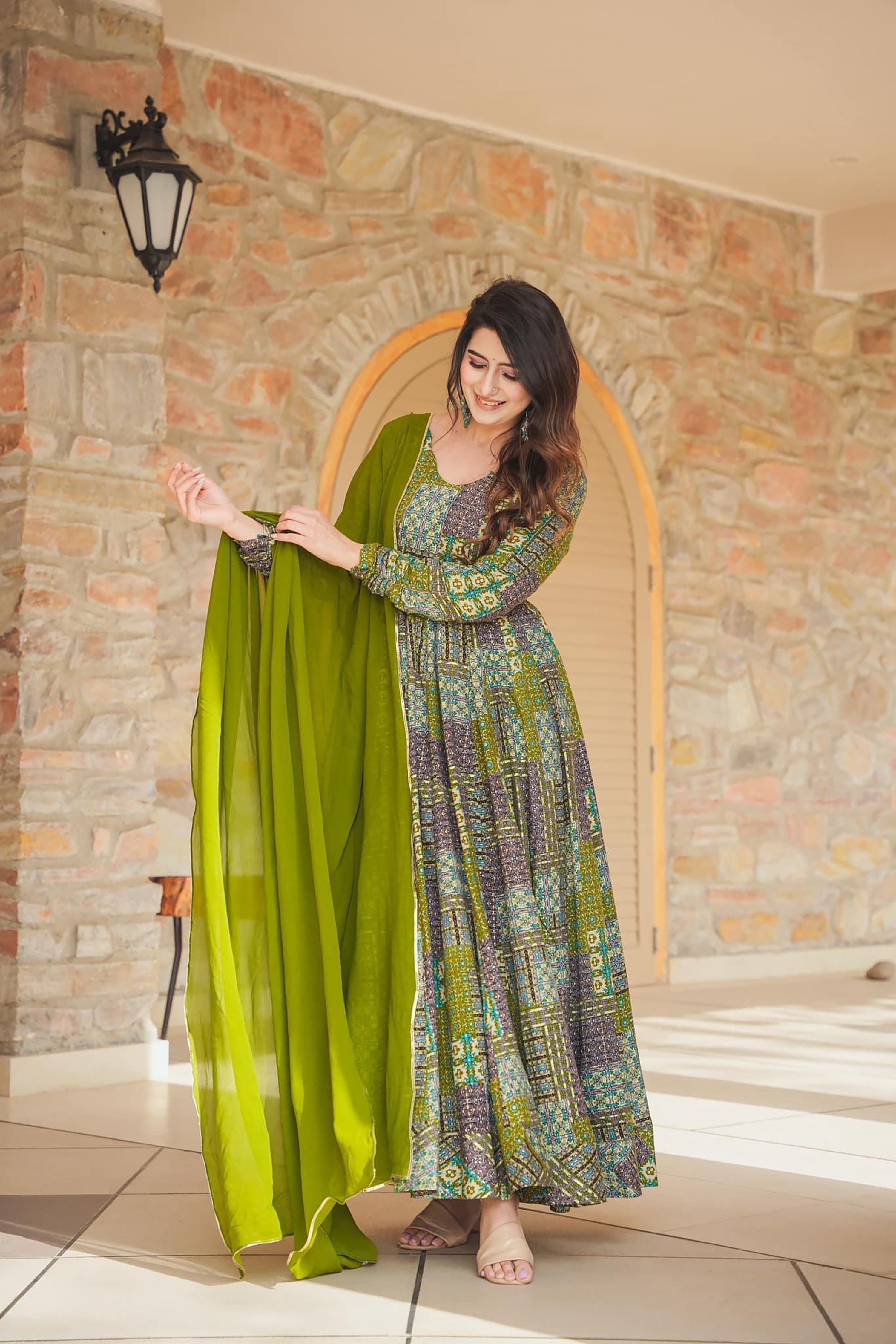 Sonakshi Women's Green Rayon Digital Print Full Round Flair Anarkali Gown Set With Dupatta