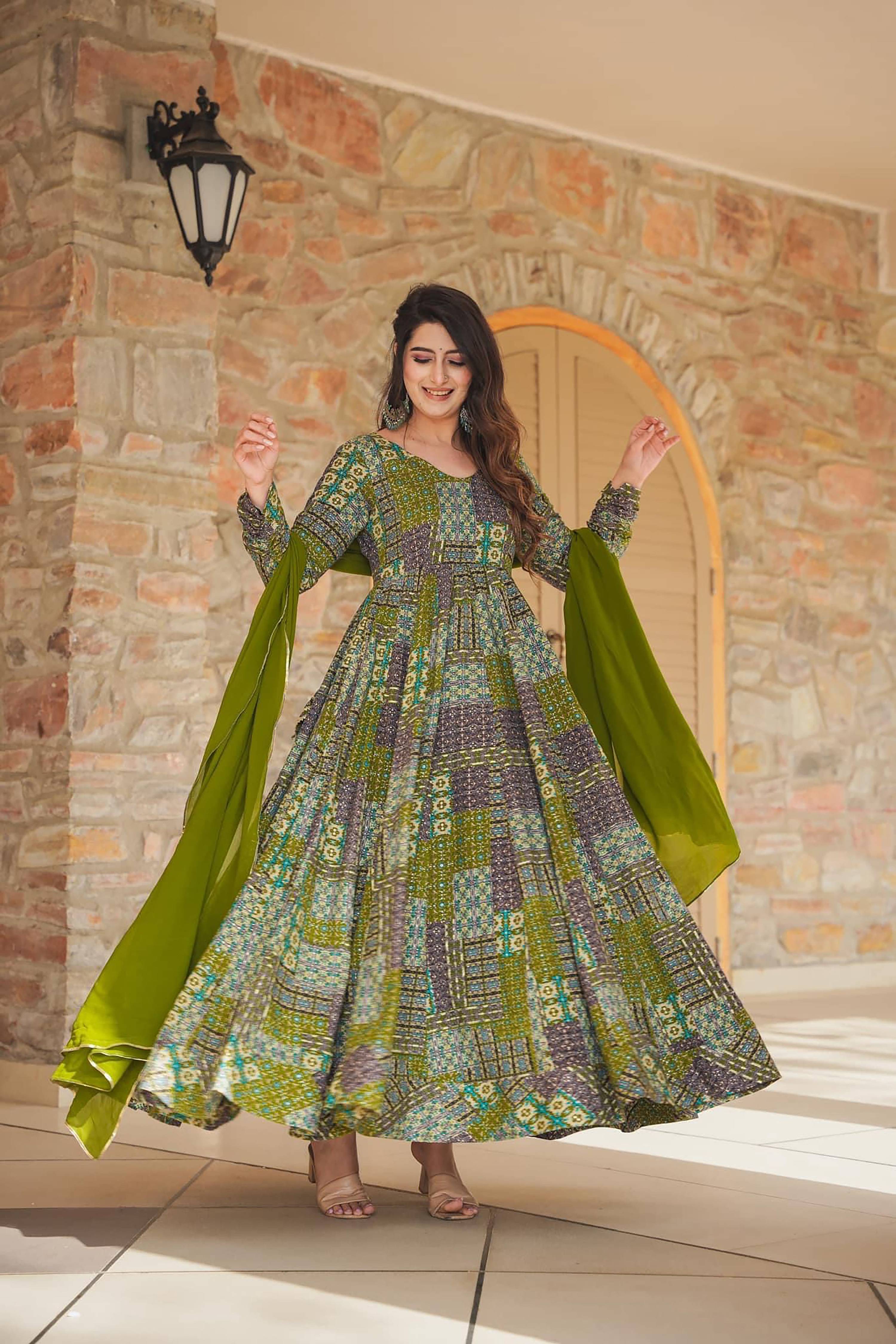 Sonakshi Women's Green Rayon Digital Print Full Round Flair Anarkali Gown Set With Dupatta