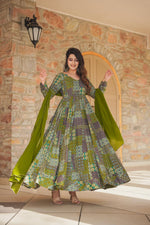 Thumbnail for Sonakshi Women's Green Rayon Digital Print Full Round Flair Anarkali Gown Set With Dupatta