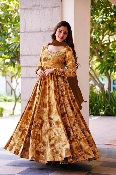 Sonakshi Women's Mustard Rayon Digital Print Full Round Flair Anarkali Gown Set With Dupatta