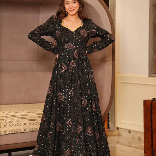 Sonakshi Women's Black Rayon Digital Print Full Round Flair Anarkali Gown Set