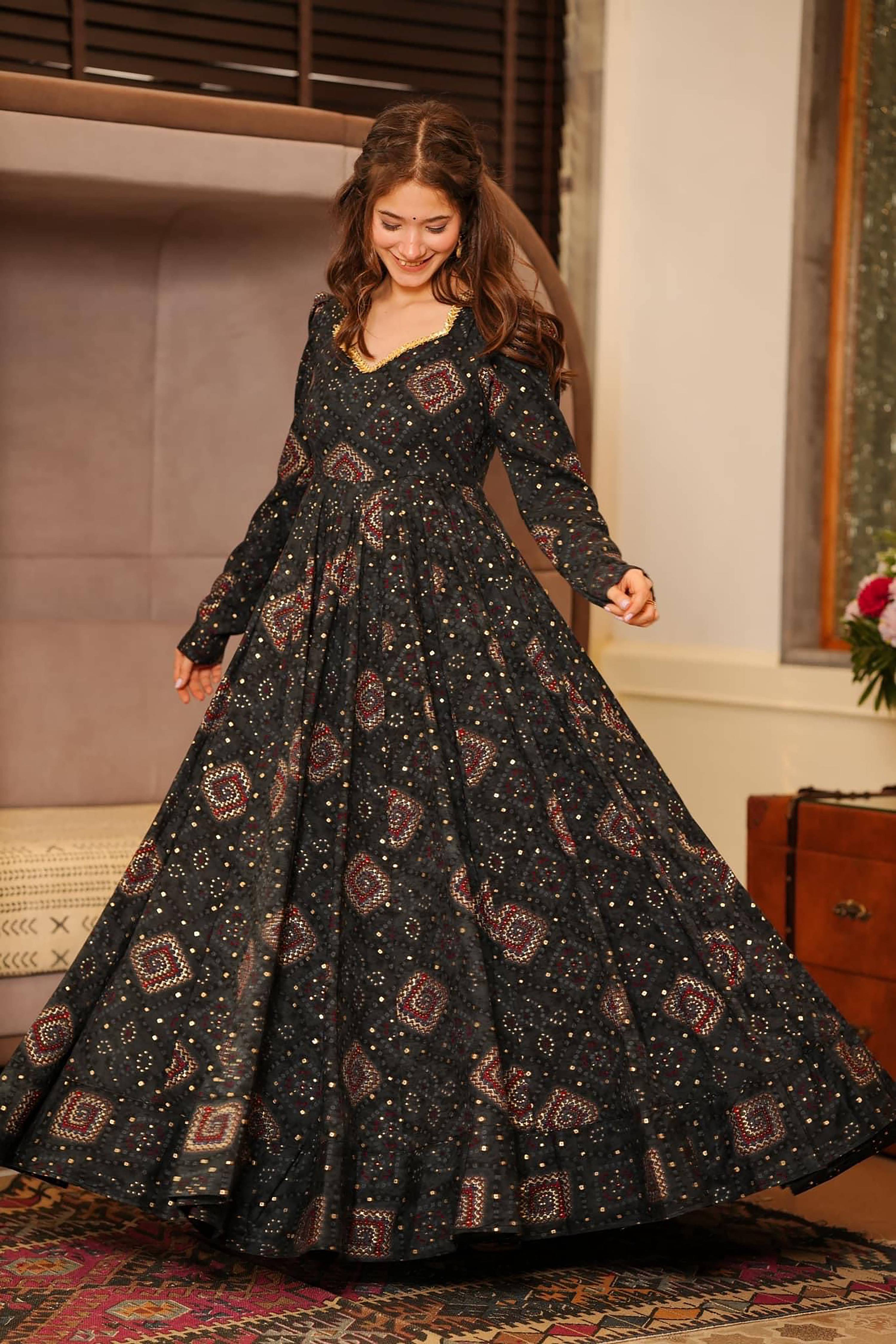 Sonakshi Women's Black Rayon Digital Print Full Round Flair Anarkali Gown Set