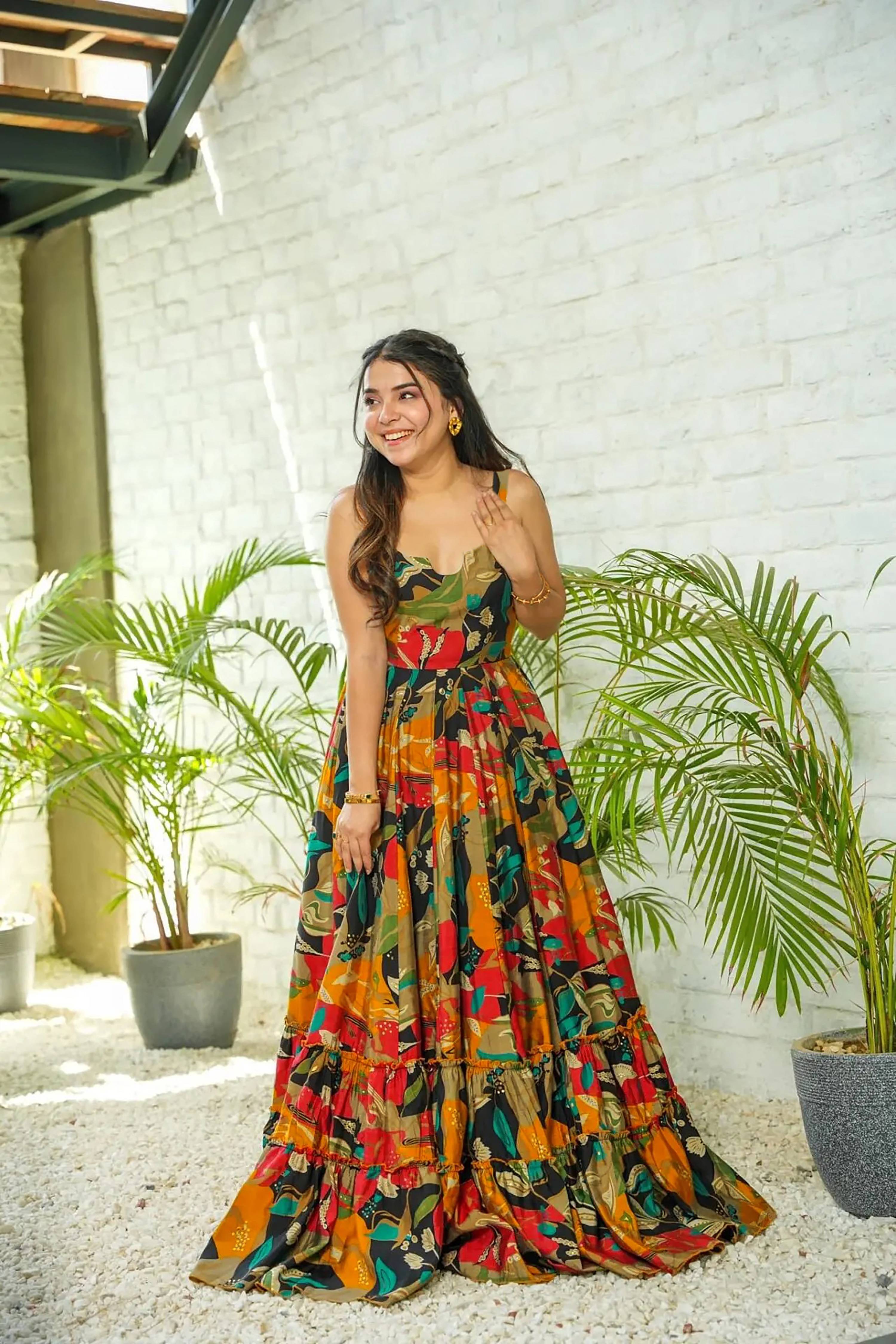 Sonakshi Women's Multicolor Rayon Digital Print Full Round Flair Anarkali Gown Set