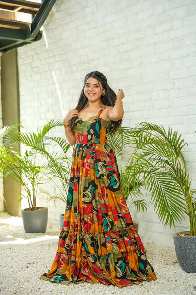 Sonakshi Women's Multicolor Rayon Digital Print Full Round Flair Anarkali Gown Set