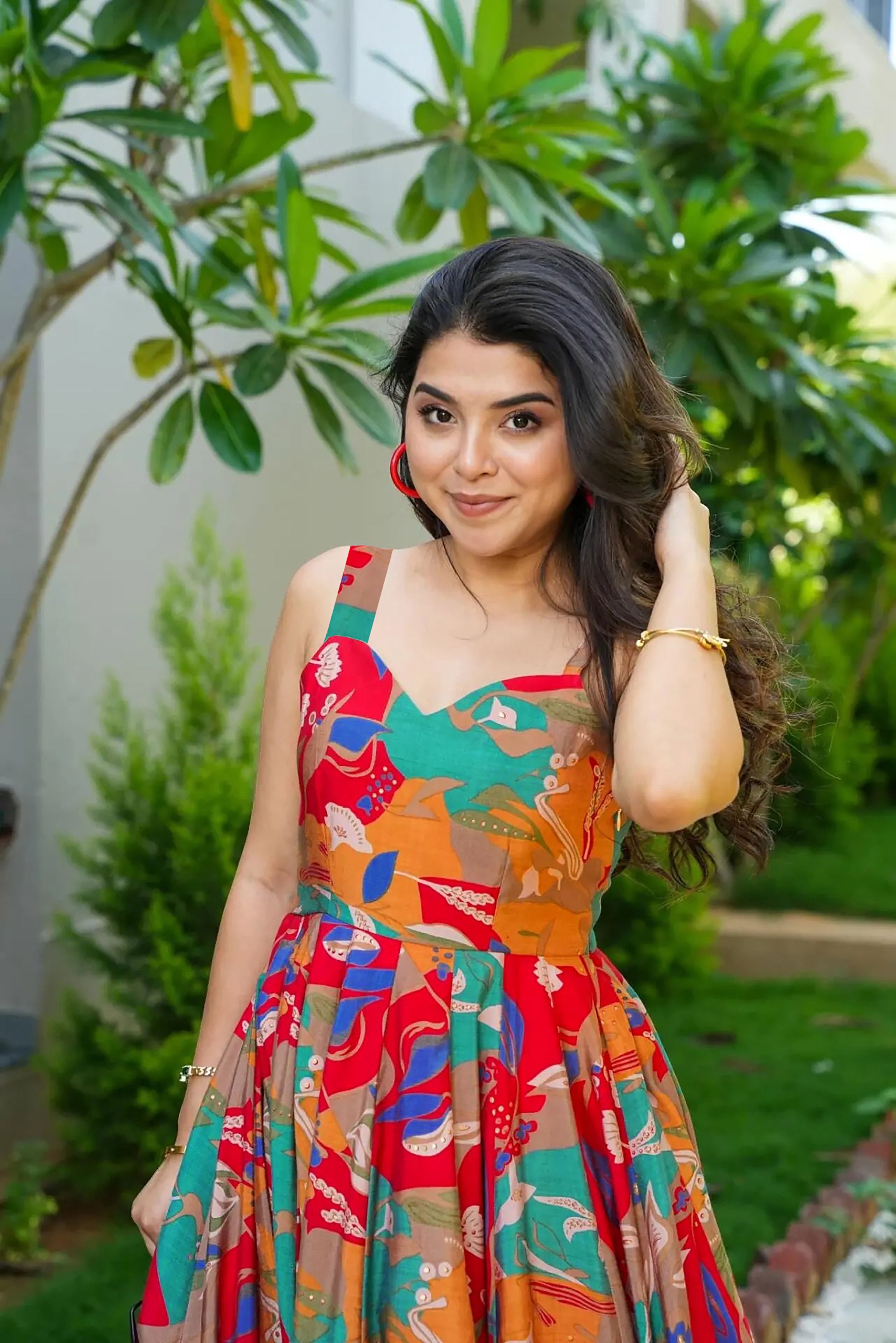 Sonakshi Women's Multicolor Rayon Digital Print Full Round Flair Anarkali Gown Set