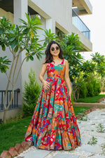 Thumbnail for Sonakshi Women's Multicolor Rayon Digital Print Full Round Flair Anarkali Gown Set