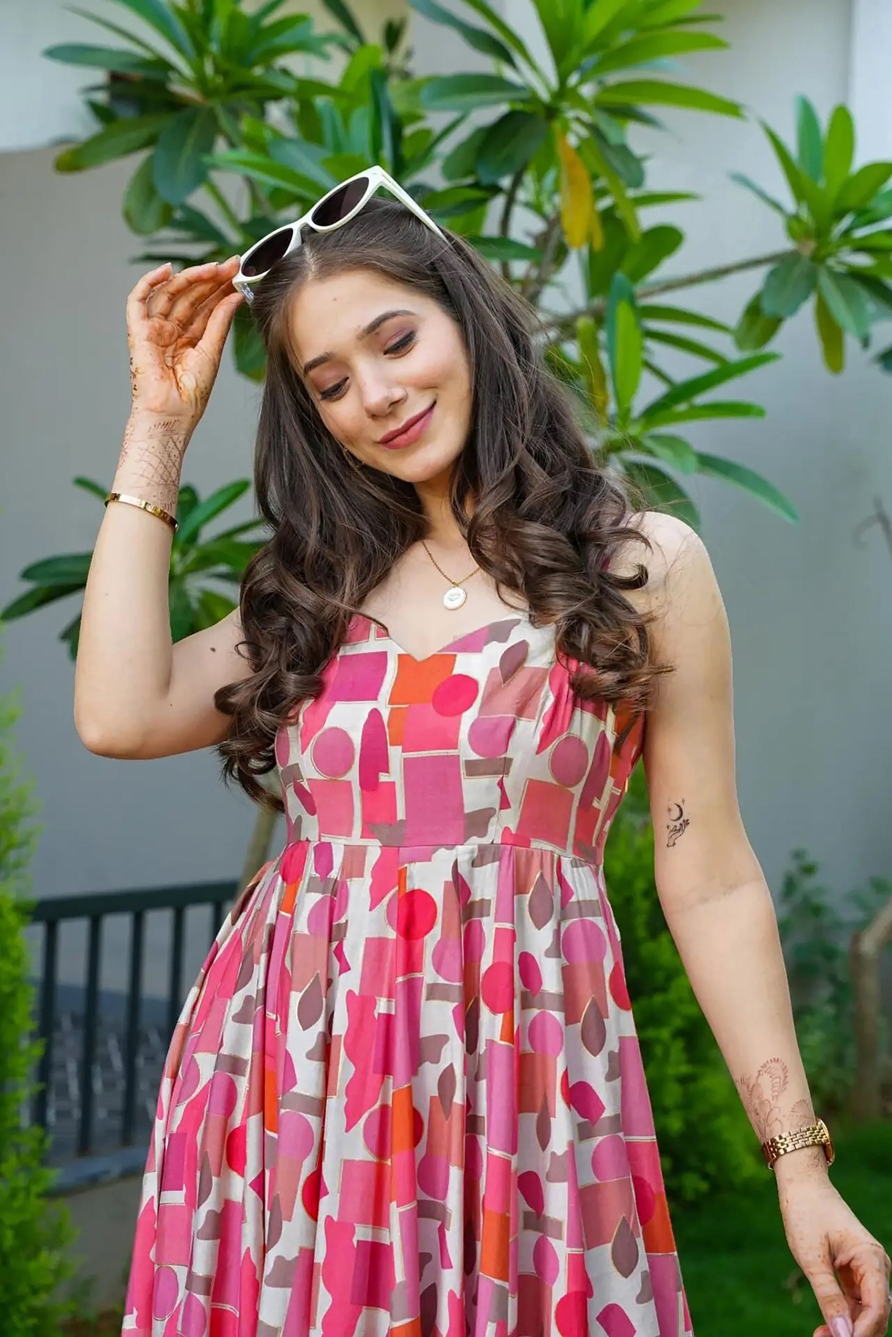 Sonakshi Women's Babypink Rayon Digital Print Full Round Flair Anarkali Gown Set