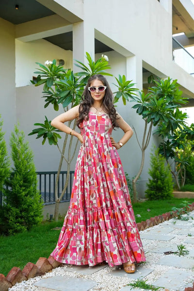 Sonakshi Women's Babypink Rayon Digital Print Full Round Flair Anarkali Gown Set