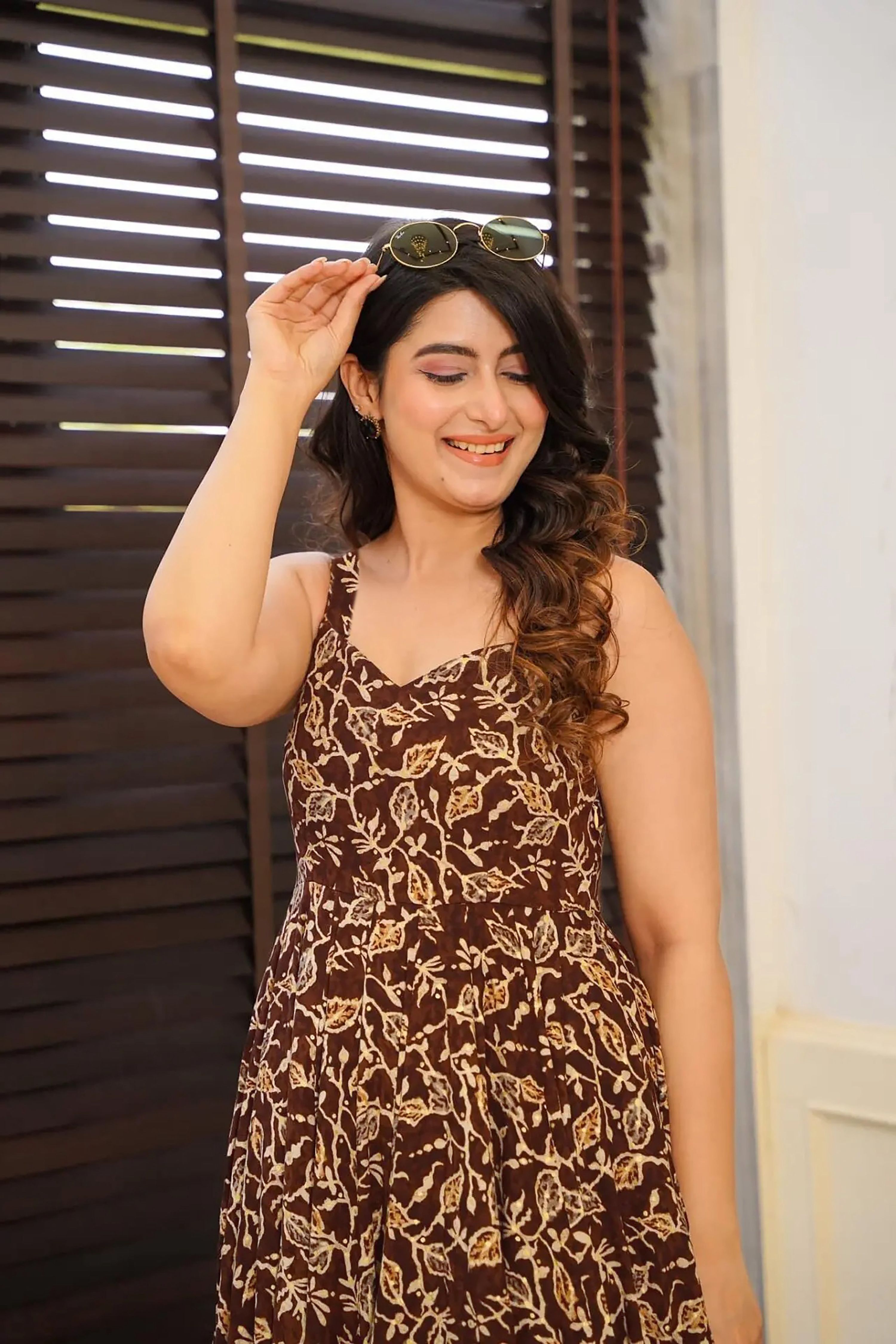 Sonakshi Women's Brown Rayon Digital Print Full Round Flair Anarkali Gown Set