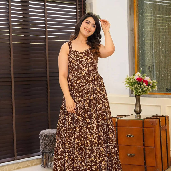 Sonakshi Women's Brown Rayon Digital Print Full Round Flair Anarkali Gown Set - Distacart
