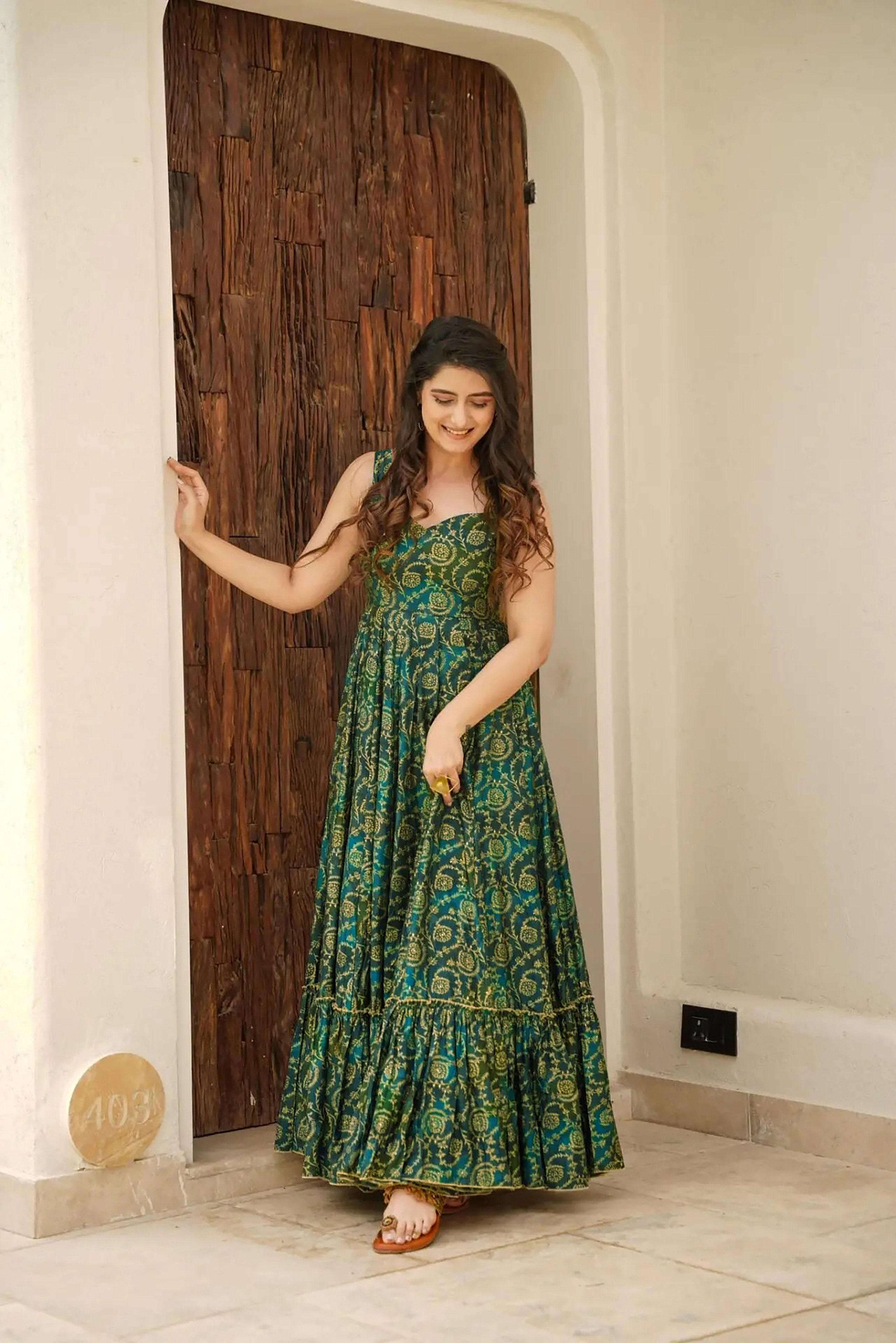 Sonakshi Women's Green Rayon Digital Print Full Round Flair Anarkali Gown Set