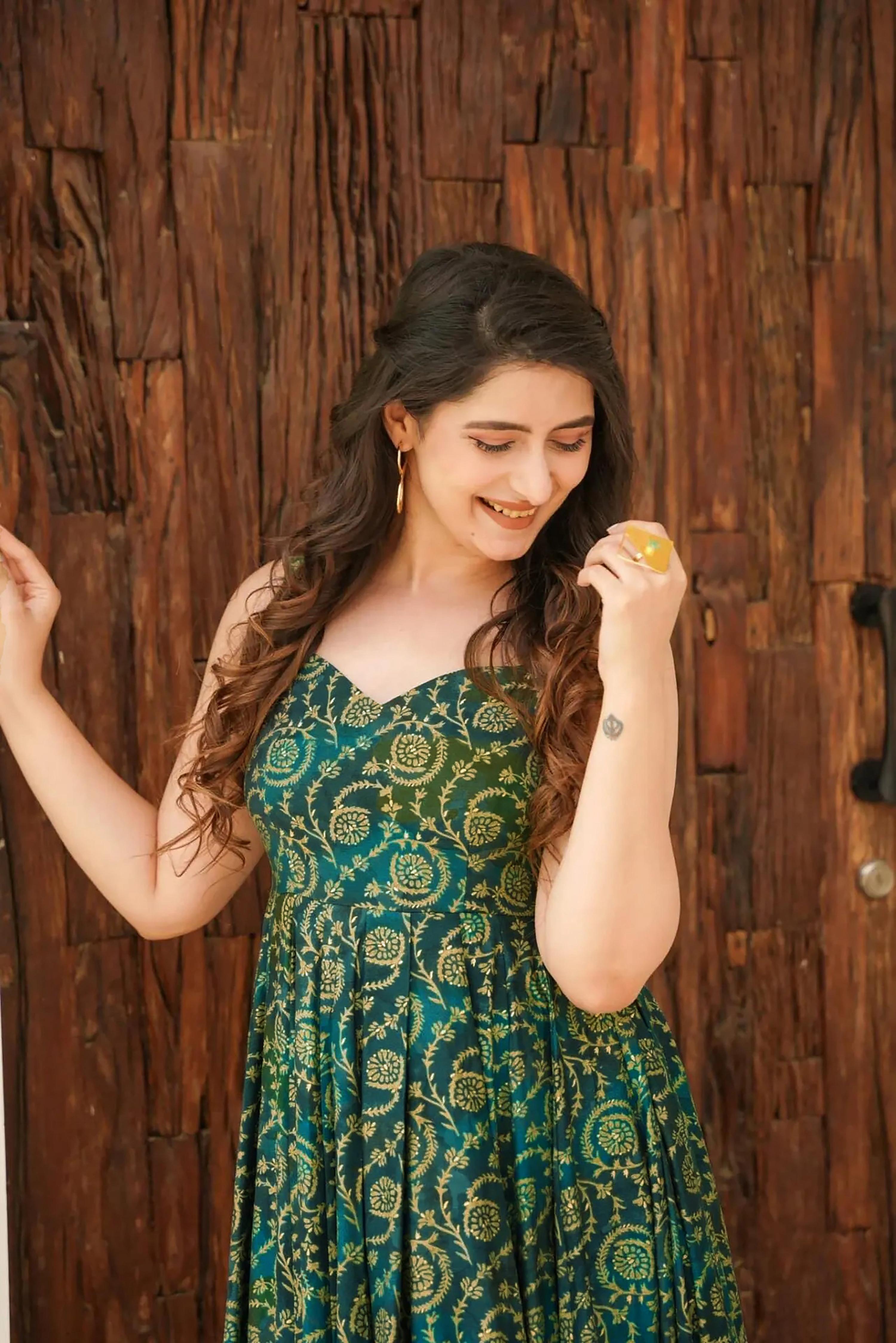 Sonakshi Women's Green Rayon Digital Print Full Round Flair Anarkali Gown Set