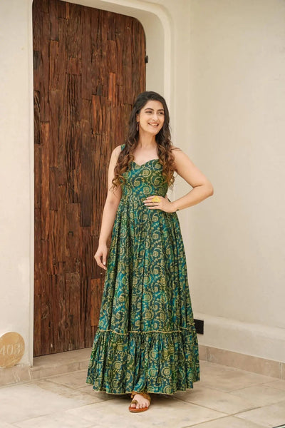 Sonakshi Women's Green Rayon Digital Print Full Round Flair Anarkali Gown Set