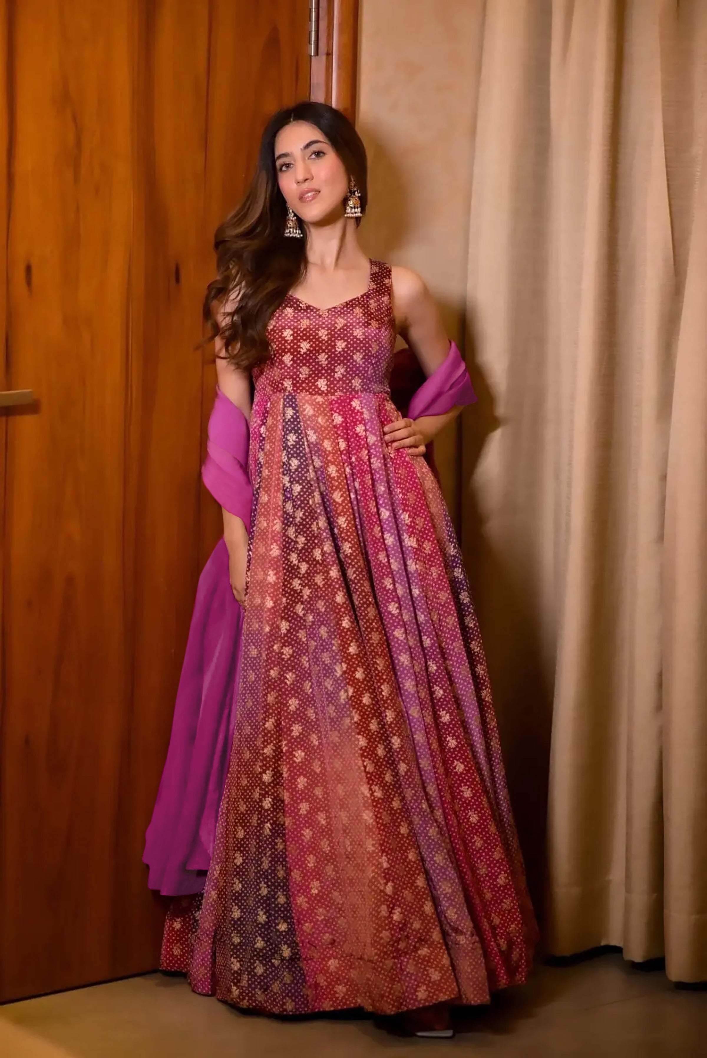 Sonakshi Women's Purple Airtex Chinon Digital Print Full Round Flair Anarkali Gown Set With Dupatta