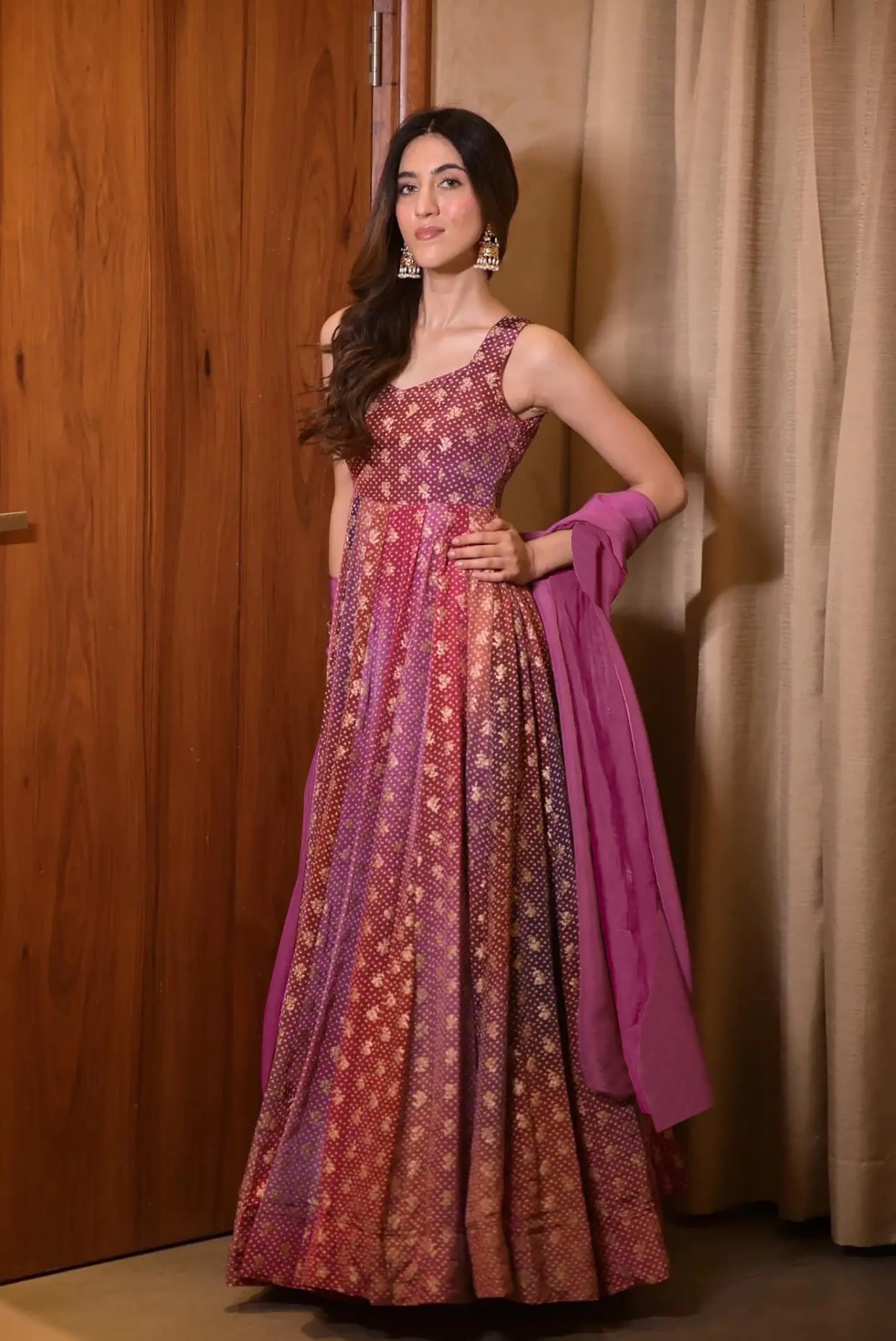 Sonakshi Women's Purple Airtex Chinon Digital Print Full Round Flair Anarkali Gown Set With Dupatta