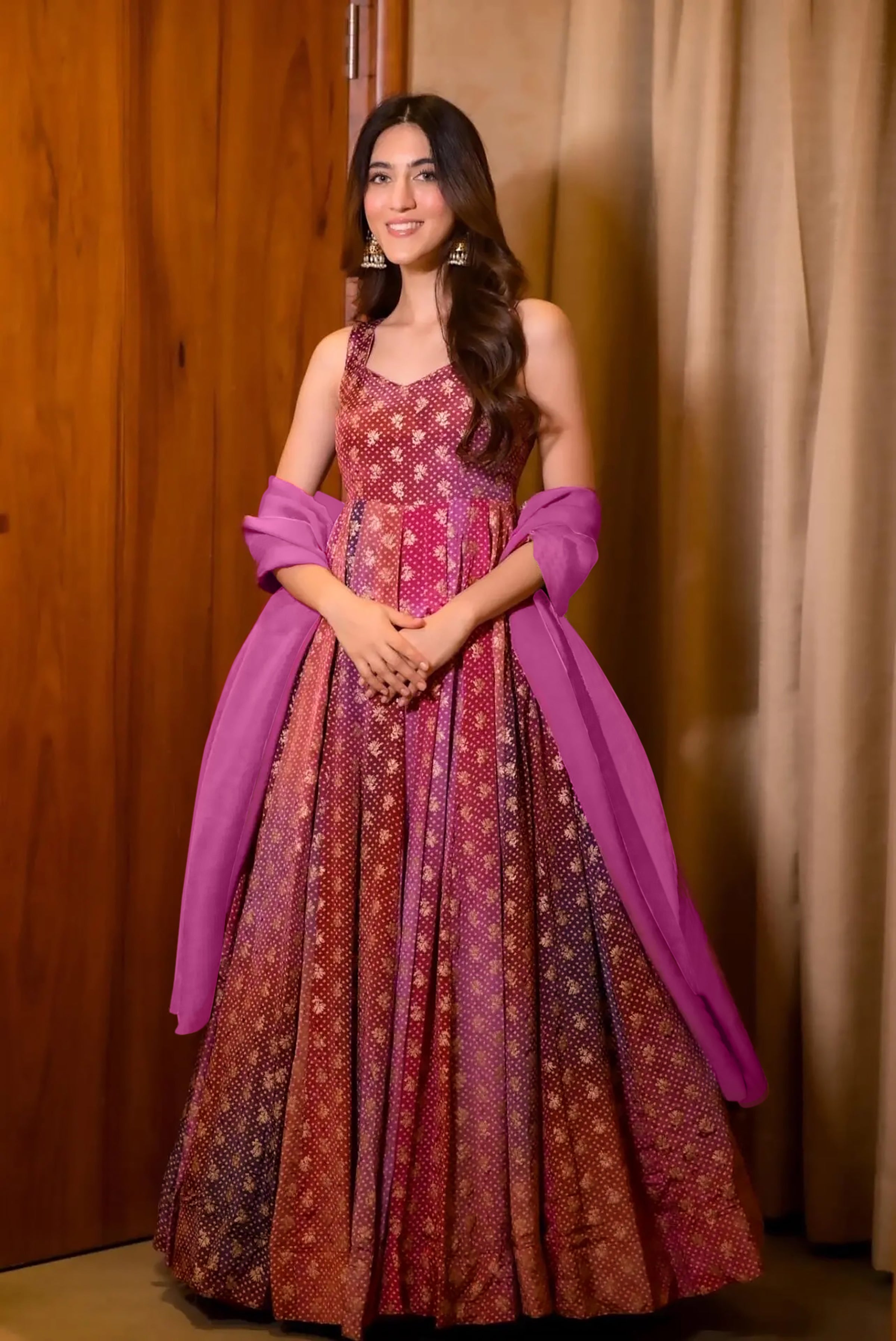 Sonakshi Women's Purple Airtex Chinon Digital Print Full Round Flair Anarkali Gown Set With Dupatta