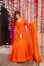 Thumbnail for Sonakshi Women's Yellow Airtex Chinon Digital Print Full Round Flair Anarkali Gown Set With Dupatta