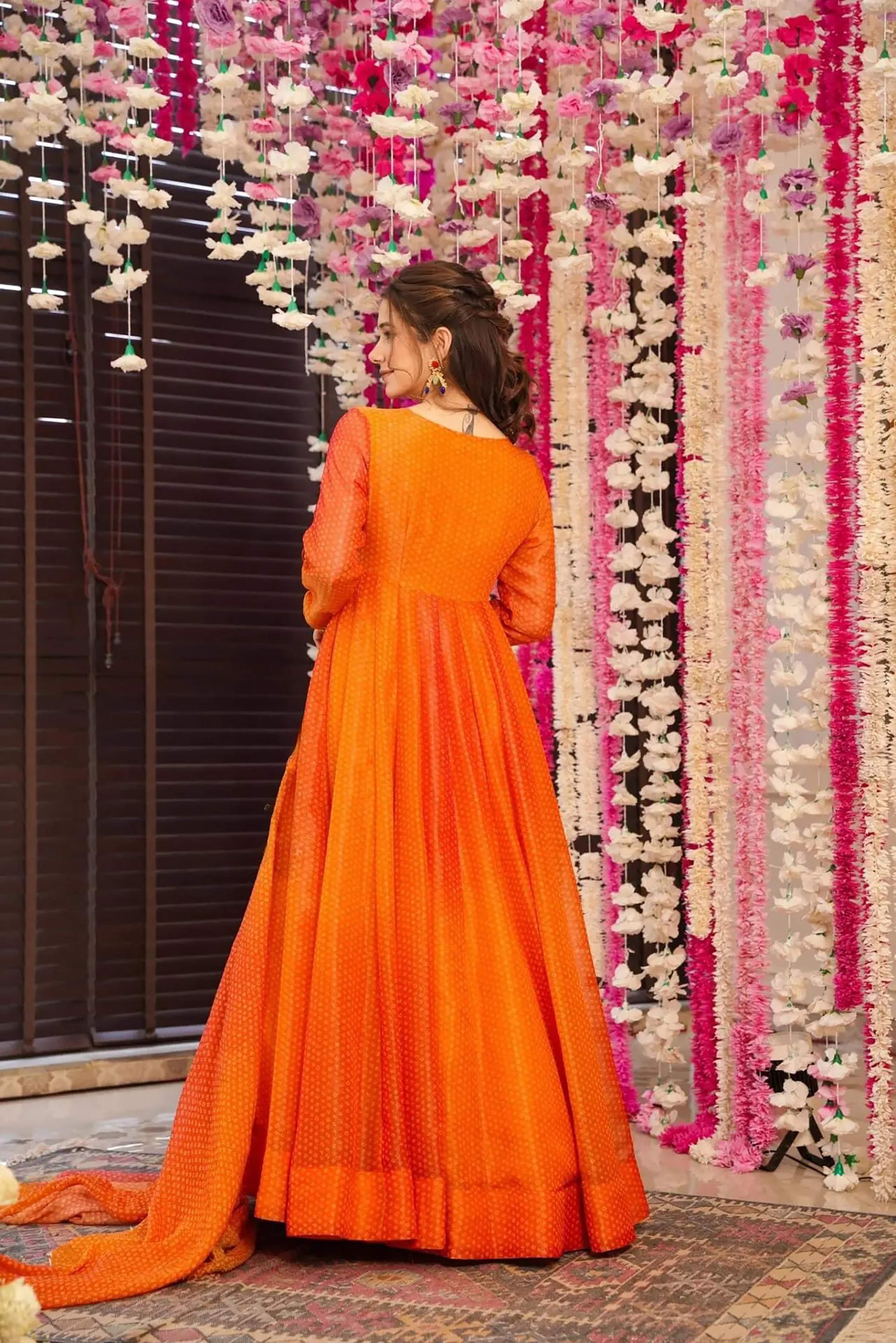 Sonakshi Women's Yellow Airtex Chinon Digital Print Full Round Flair Anarkali Gown Set With Dupatta