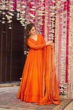 Thumbnail for Sonakshi Women's Yellow Airtex Chinon Digital Print Full Round Flair Anarkali Gown Set With Dupatta