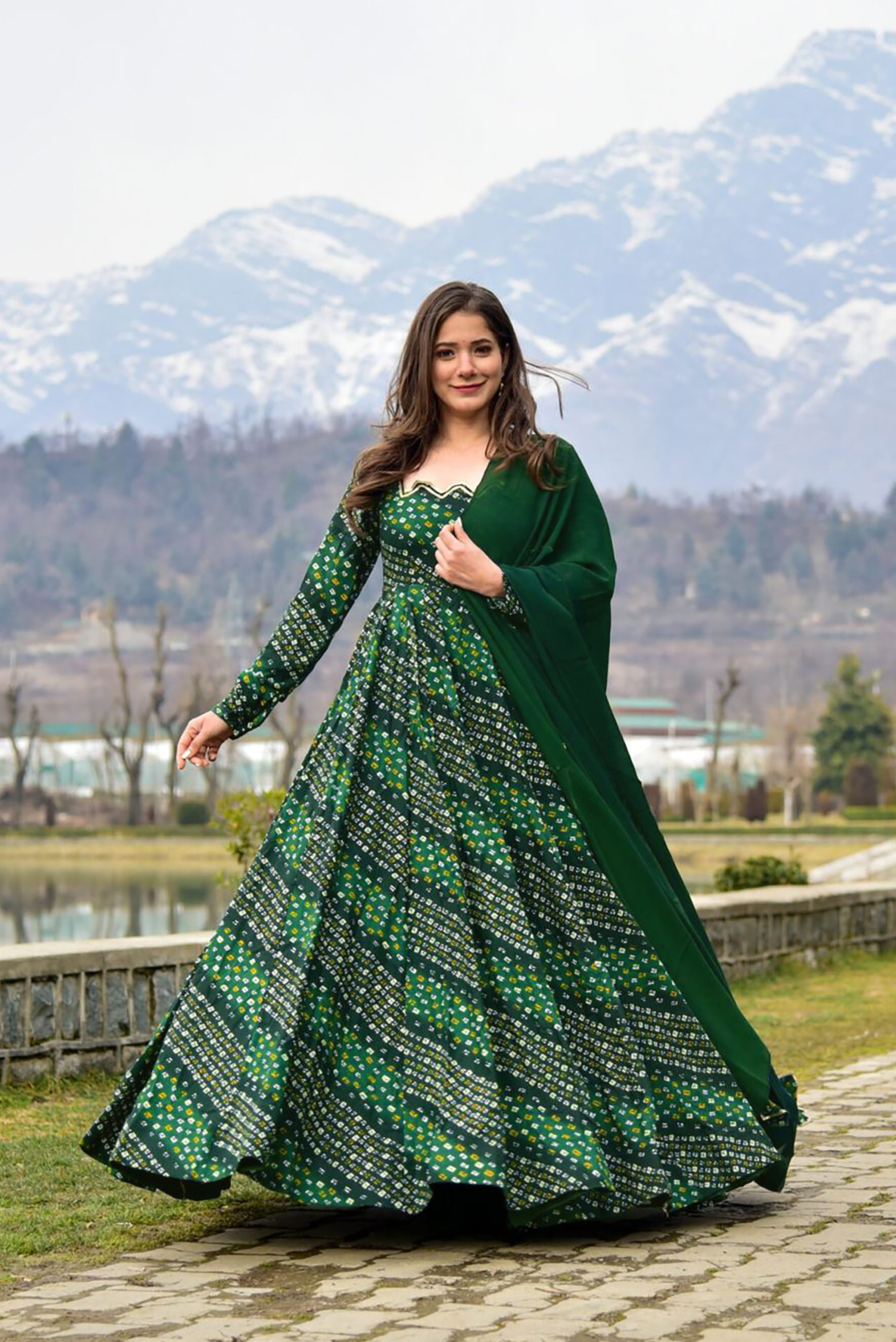 Sonakshi Women's Green Rayon Digital Print Full Round Flair Anarkali Gown Set With Dupatta