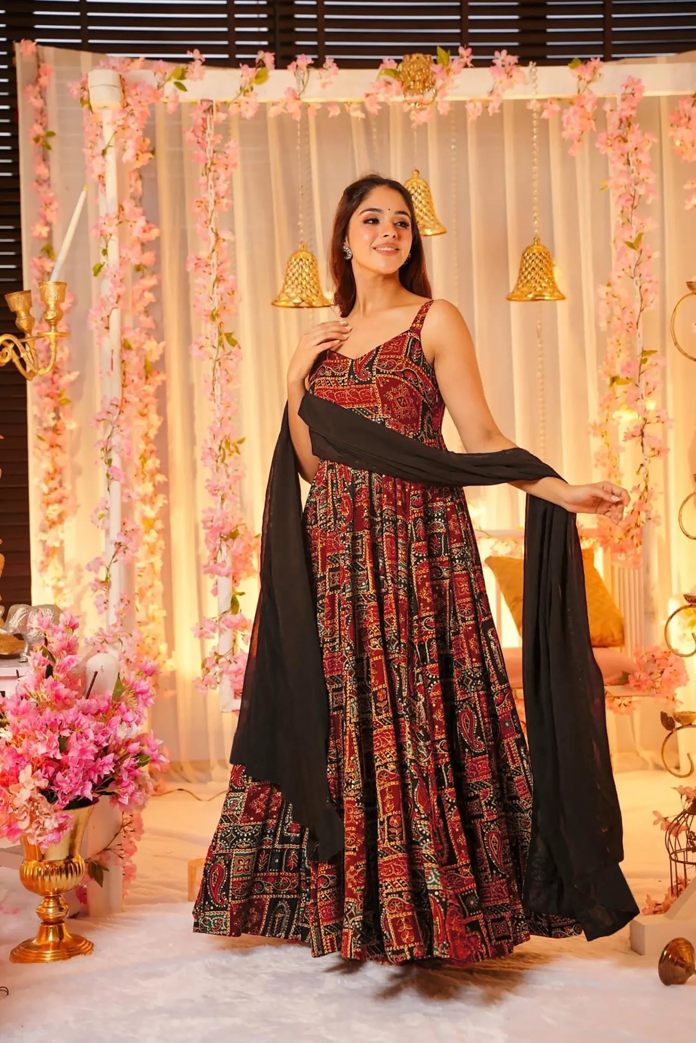 Sonakshi Women's Red Rayon Digital Print Full Round Flair Anarkali Gown Set With Dupatta