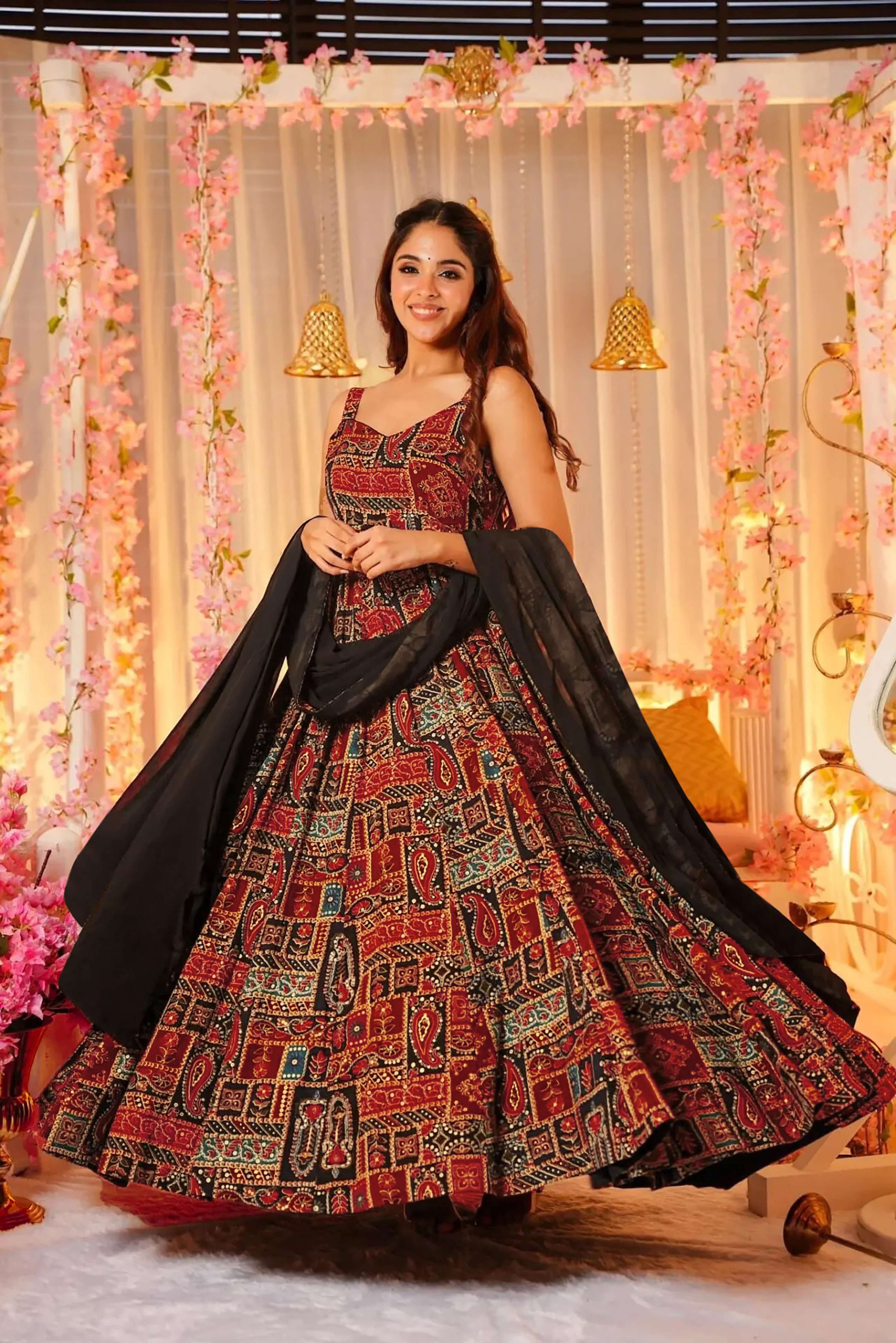 Sonakshi Women's Red Rayon Digital Print Full Round Flair Anarkali Gown Set With Dupatta