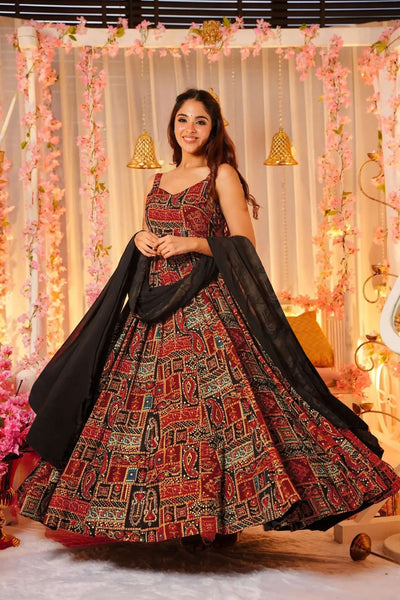 Sonakshi Women's Red Rayon Digital Print Full Round Flair Anarkali Gown Set With Dupatta