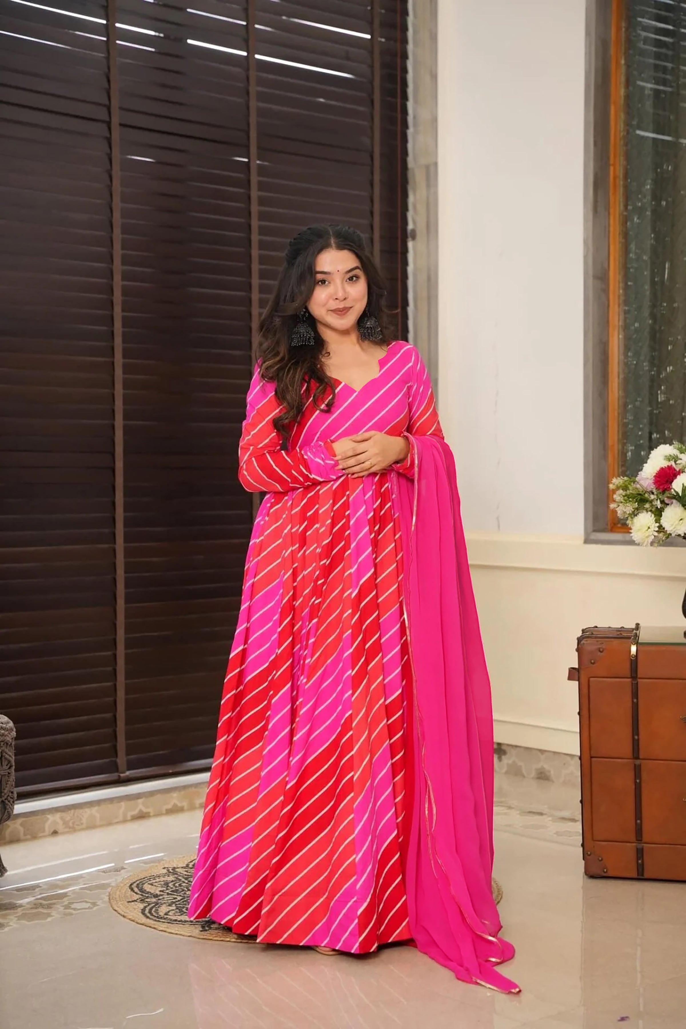 Sonakshi Women's Red Rayon Digital Print Full Round Flair Anarkali Gown Set With Dupatta