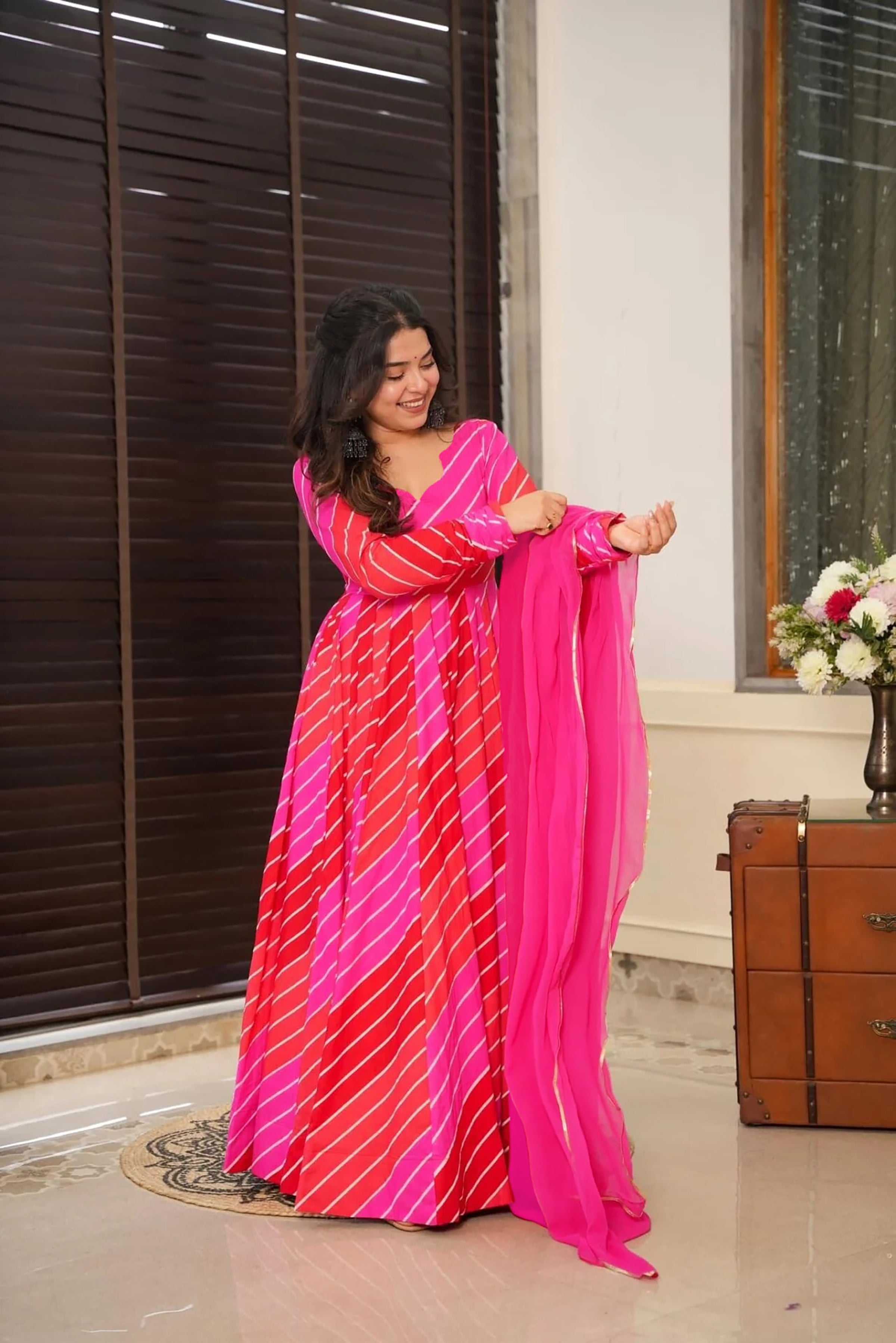 Sonakshi Women's Red Rayon Digital Print Full Round Flair Anarkali Gown Set With Dupatta