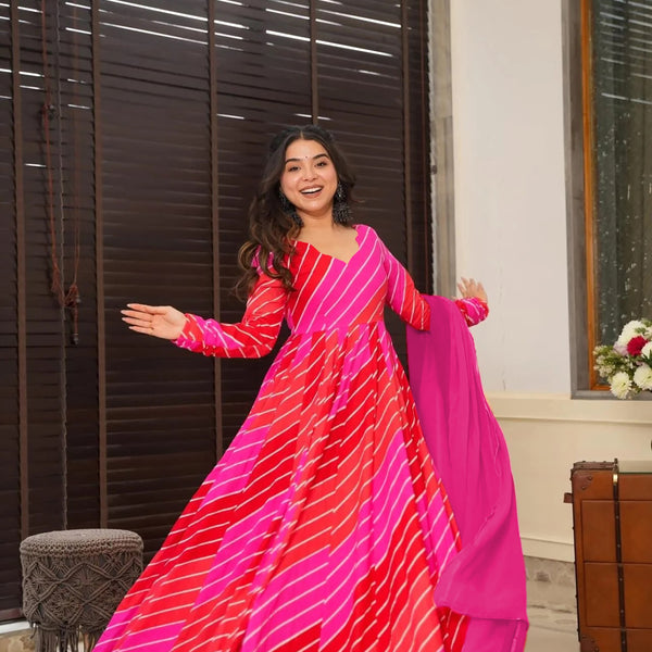 Sonakshi Women's Red Rayon Digital Print Full Round Flair Anarkali Gown Set With Dupatta - Distacart