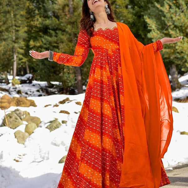 Sonakshi Women's Fenta Rayon Digital Print Full Round Flair Anarkali Gown Set With Dupatta - Distacart