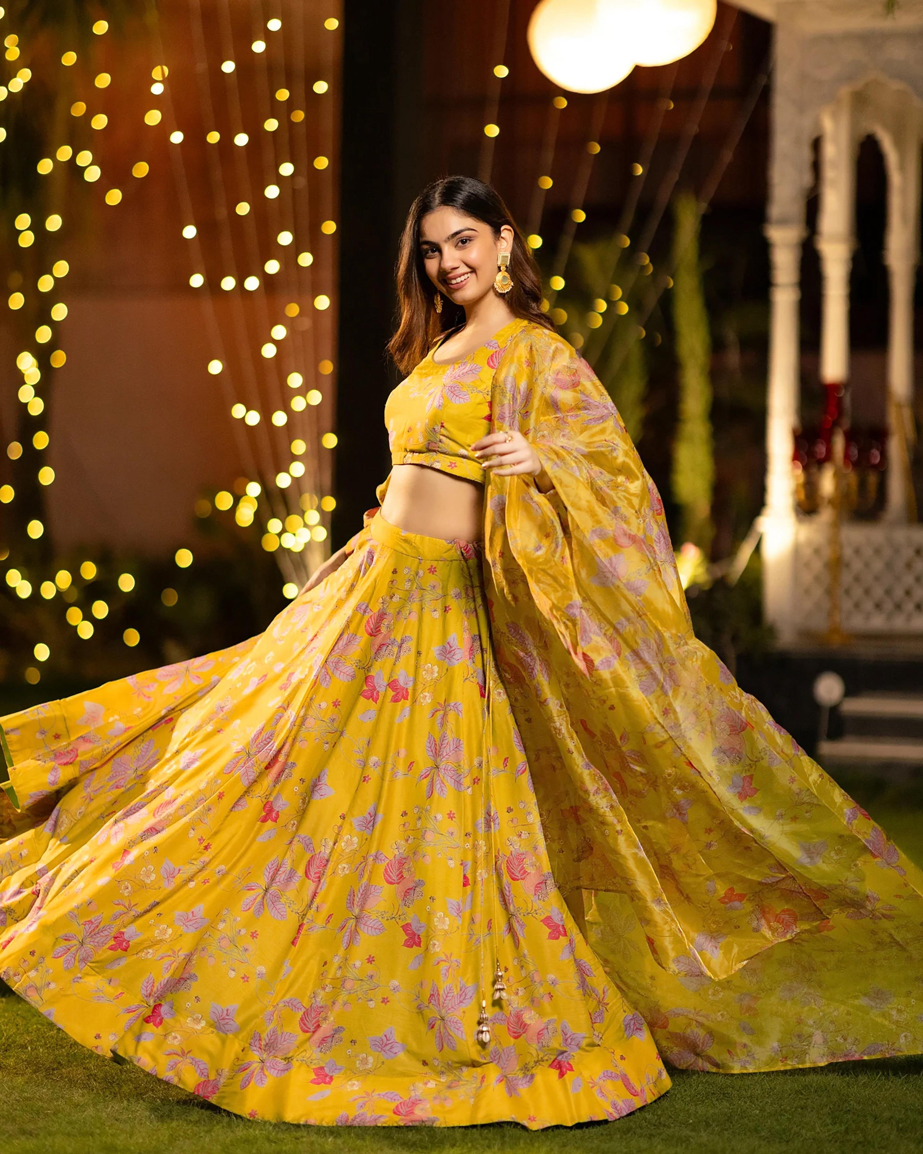 Sonakshi Women's Yellow Air Tex Chinon Digital Printed Lehenga Choli With Dupatta