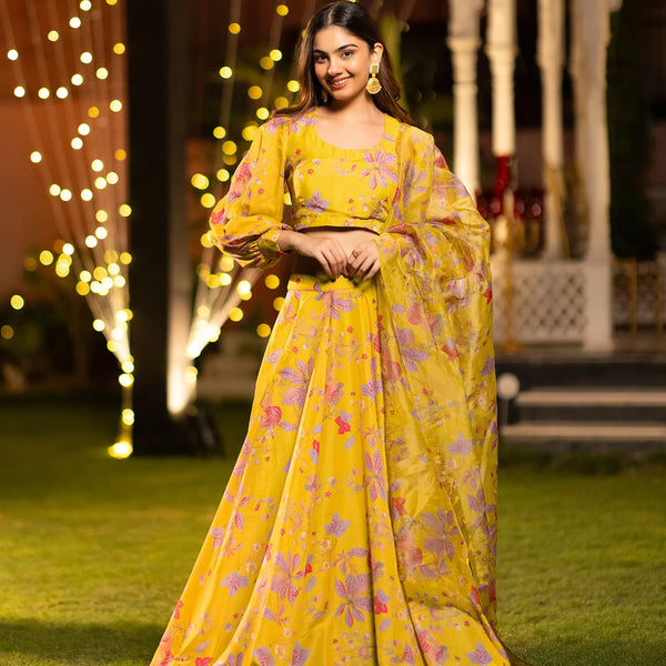 Sonakshi Women's Yellow Air Tex Chinon Digital Printed Lehenga Choli With Dupatta - Distacart