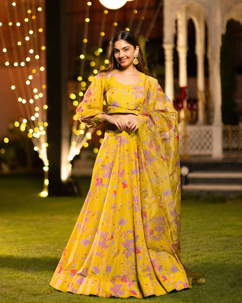 Sonakshi Women's Yellow Air Tex Chinon Digital Printed Lehenga Choli With Dupatta