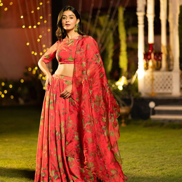 Sonakshi Women's Red Air Tex Chinon Digital Printed Lehenga Choli With Dupatta - Distacart