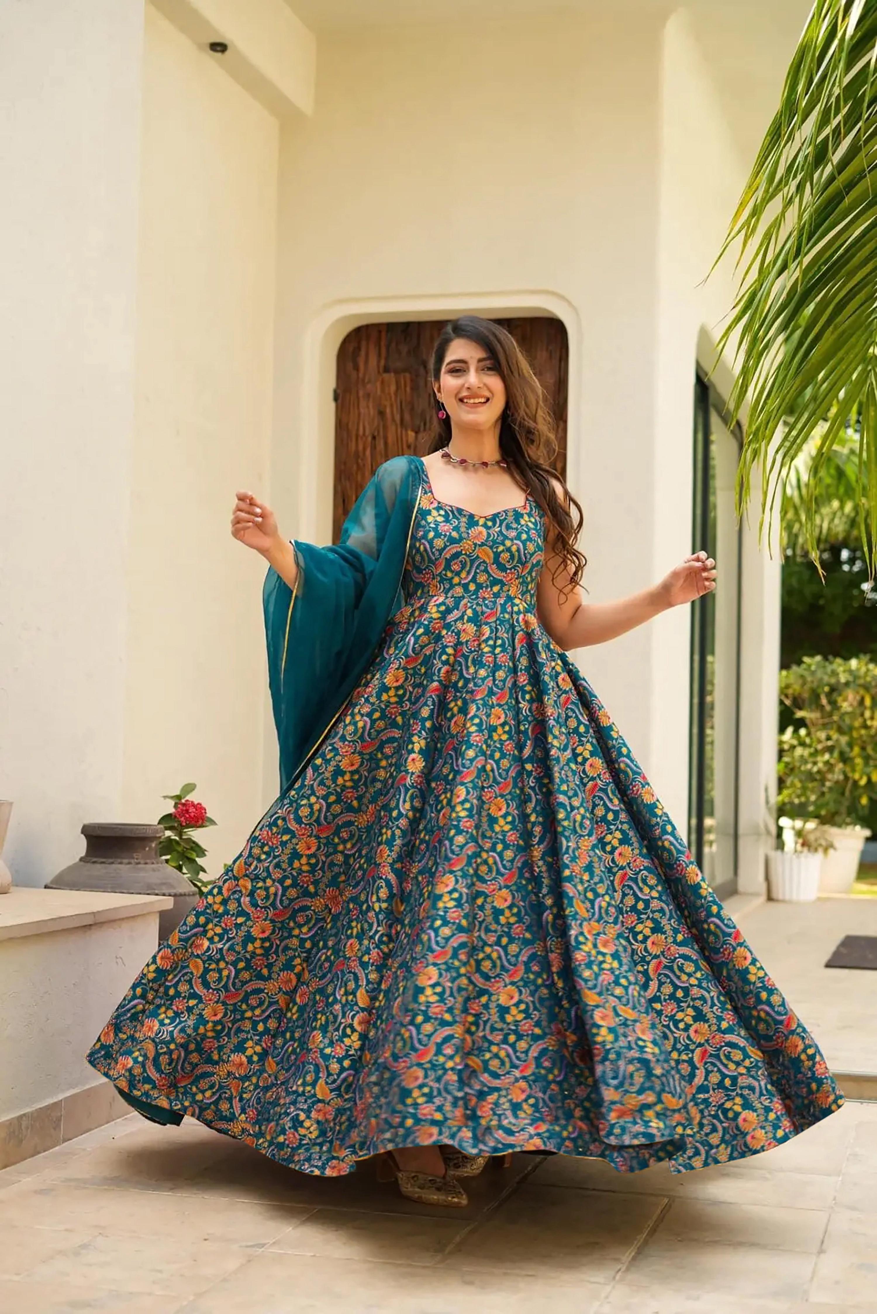 Sonakshi Women's Rama Silk Digital Print Full Round Flair Anarkali Gown Set With Dupatta