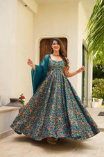 Thumbnail for Sonakshi Women's Rama Silk Digital Print Full Round Flair Anarkali Gown Set With Dupatta