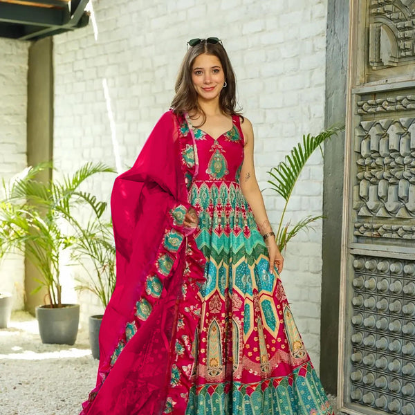 Sonakshi Women's Rani Silk Digital Print Full Round Flair Anarkali Gown Set With Dupatta