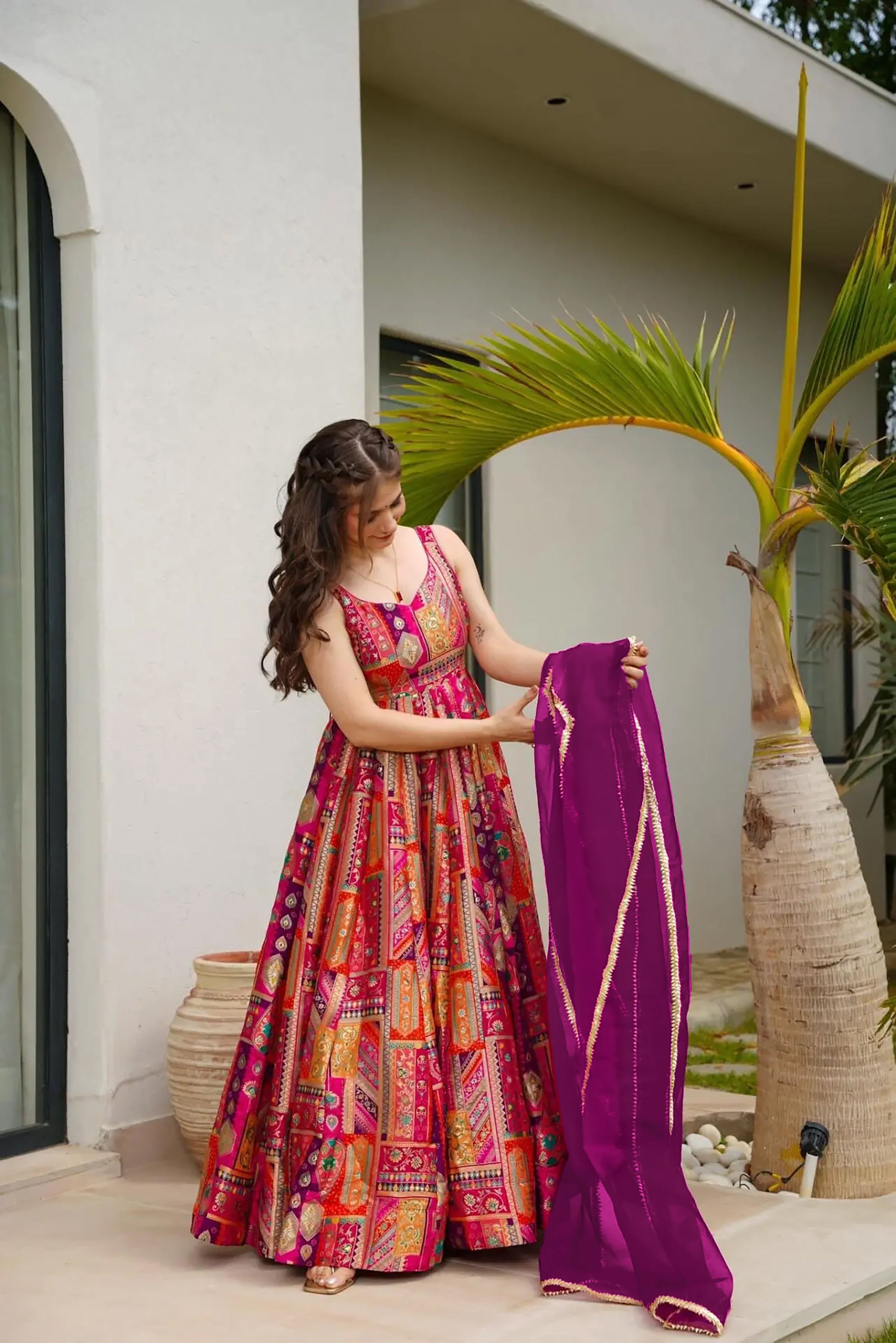 Sonakshi Women's Multicolor Silk Digital Print Full Round Flair Anarkali Gown Set With Dupatta