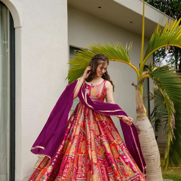 Sonakshi Women's Multicolor Silk Digital Print Full Round Flair Anarkali Gown Set With Dupatta - Distacart