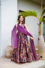 Thumbnail for Sonakshi Women's Multicolor Silk Digital Print Full Round Flair Anarkali Gown Set With Dupatta - Distacart