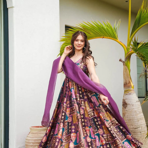 Sonakshi Women's Multicolor Silk Digital Print Full Round Flair Anarkali Gown Set With Dupatta - Distacart