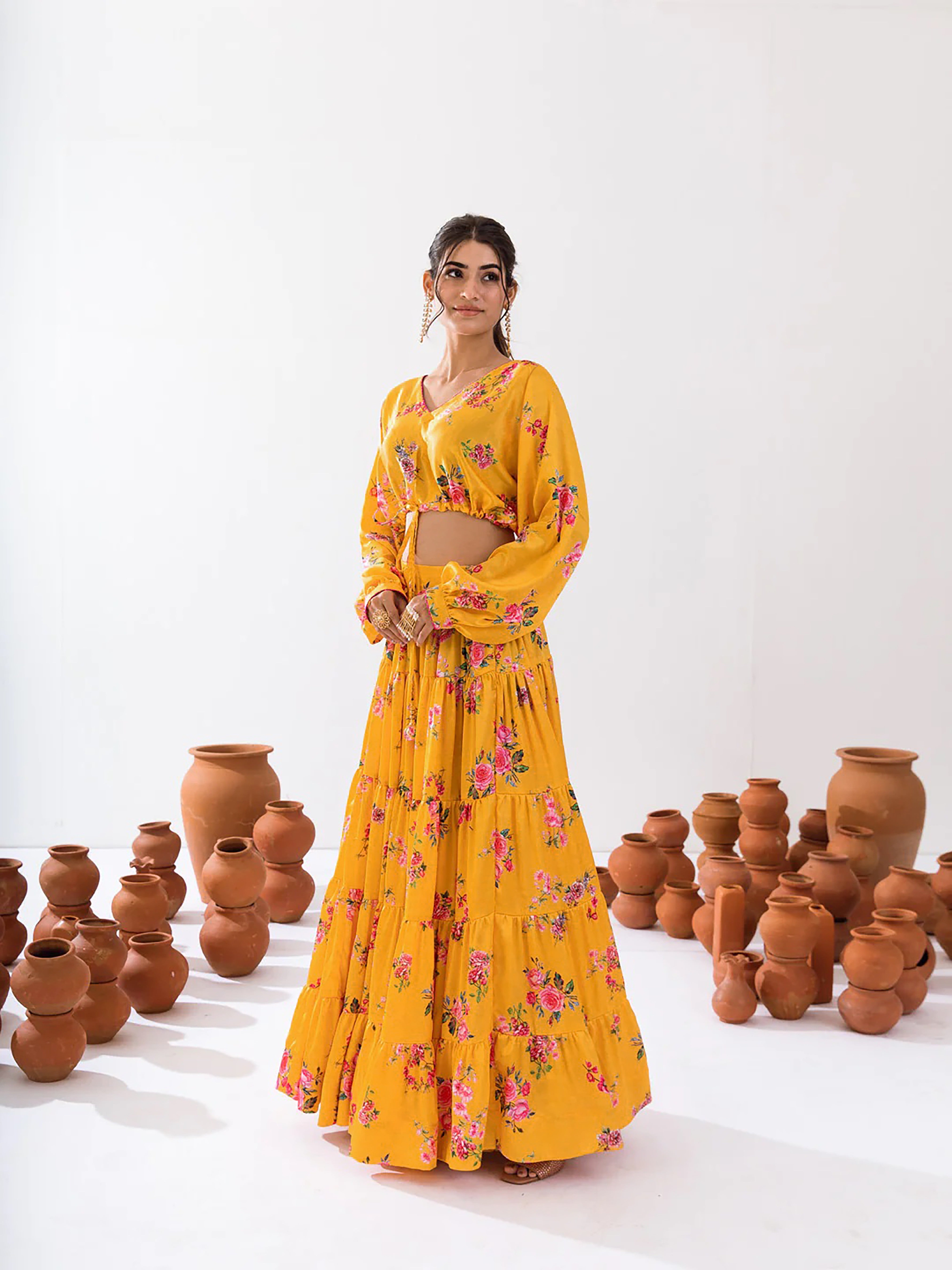 Sonakshi Women's Yellow Air Tex Chinon Digital Printed Lehenga Choli