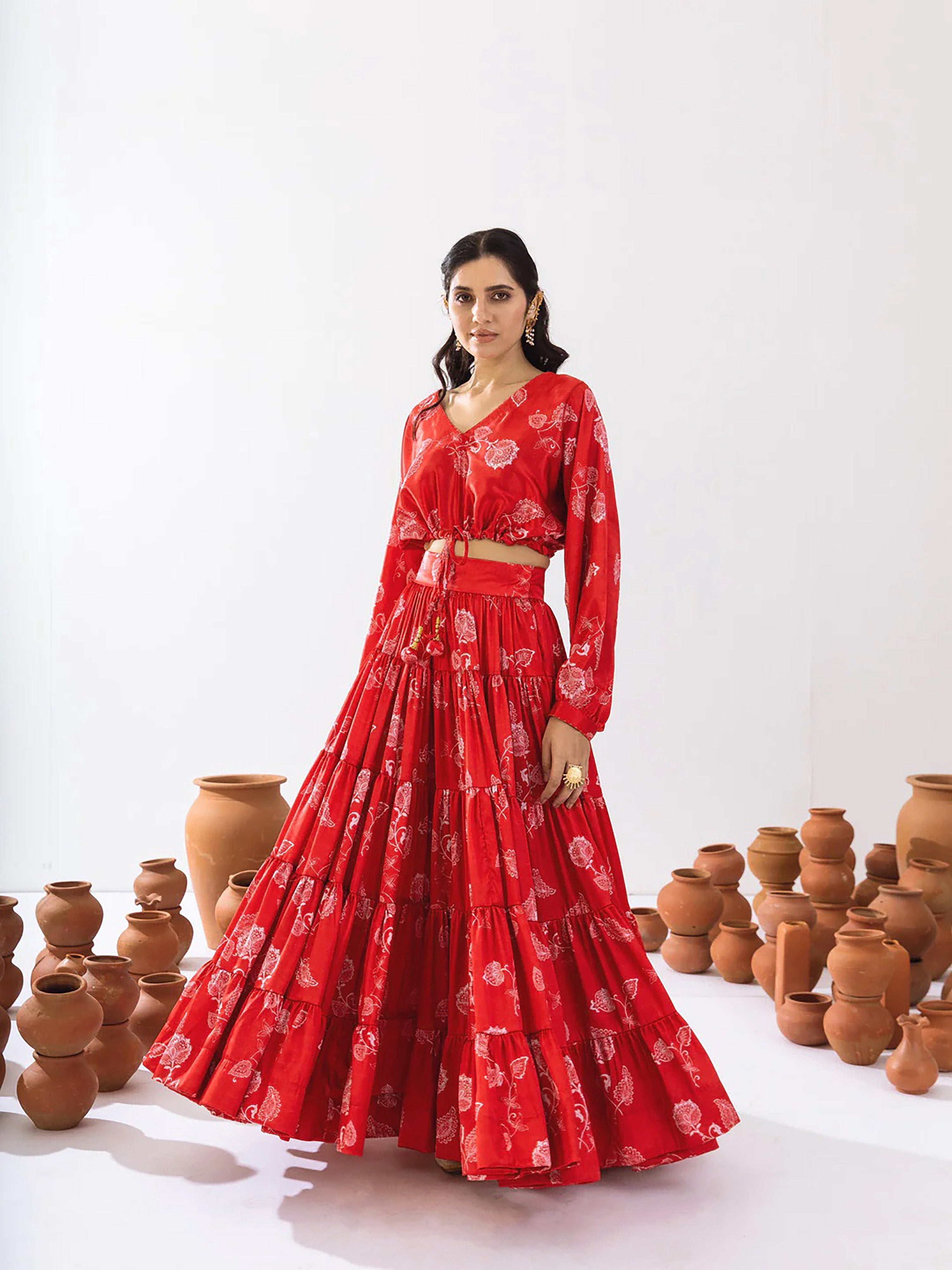 Sonakshi Women's Red Air Tex Chinon Digital Printed Lehenga Choli